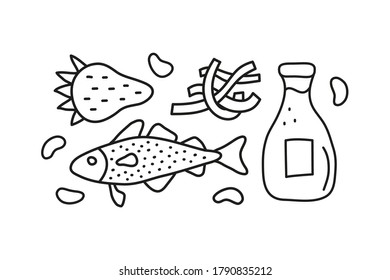 Group of doodle outline iodine food sources including cod fish, milk, seaweed, strawberry, beans isolated on white background.