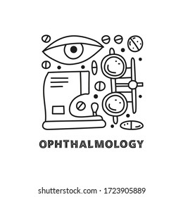 Group of doodle outline ophthalmology icons including eye, medical glasses, auto refractometer and lettering isolated on white background.