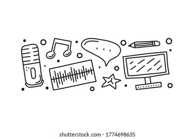 Group of doodle outline podcast icons including microphone, voice, music, speech bubble, computer, pencil isolated on white background.