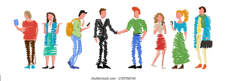 Group of doodle people standing in a row on white background. Isolated vector collection of men and women