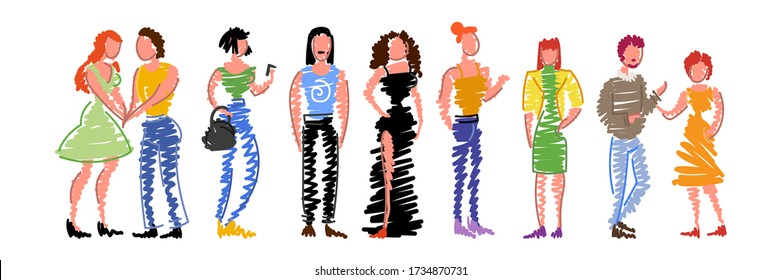 Group of doodle people standing in a row on white background. Isolated vector collection of men and women