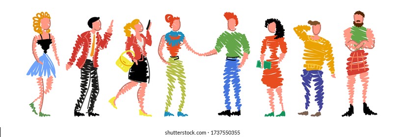 Group of doodle people standing in a row on white background. Isolated vector collection of men and women