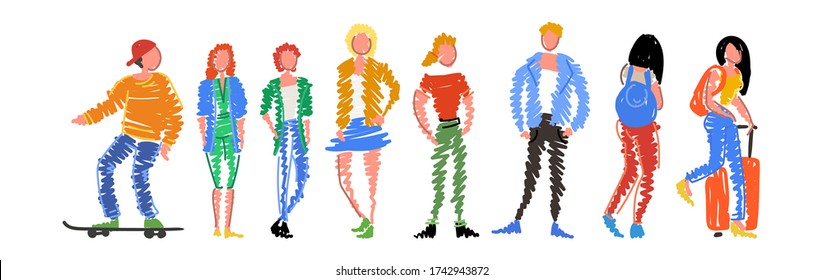 Group of doodle people standing in a row on white background. Isolated vector collection of men and women
