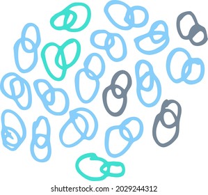Group of double loops. Naive handwriting. Round spot. Hand-drawn sloppy rings. Green, blue, gray scribble graphic elements for modern design templates. Flat color doodles. Bubble noose to fill space.