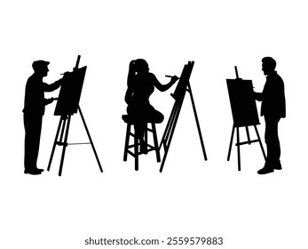 Group of Drawing Artist Silhouette isolated white background. Vector Illustration