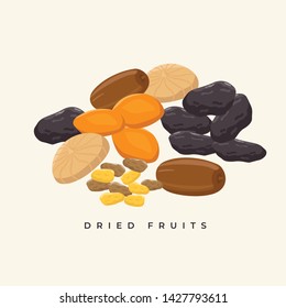 Group of dried fruits vector illustration in flat design. Healthy snacks concept illustration.