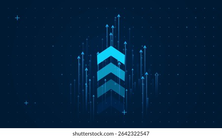 Group of dynamic blue arrows on dark blue background with small dots on it. The upward arrows trendfor business and finaceial element background vector illustration design growth of success