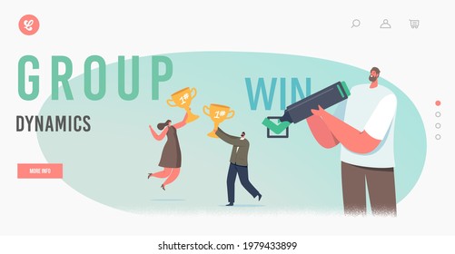 Group Dynamics, Business Solution for Benefit Landing Page Template. Happy Businesspeople Characters Rejoice with Golden Cups in Hands, Man Signing Win Win Contract. Cartoon People Vector Illustration
