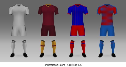 Group E of Champions League. Set of 3D realistic template soccer jersey Real Madrid, Roma, CSKA, Victoria. t-shirt with pants and socks on shop backdrop. Mockup of football team uniform 