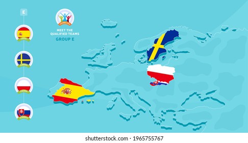 Group E European 2020 football championship Vector illustration with a map of Europe and highlighted countries flag that qualified to final stage and logo sign on blue background. euro 2020