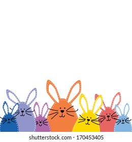 Group of Easter bunnies, in spring colors on white background