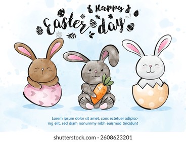 Group of Easter bunny with wording of Easter day on blue background. Greeting card and poster of Easter day in watercolors and vector design.