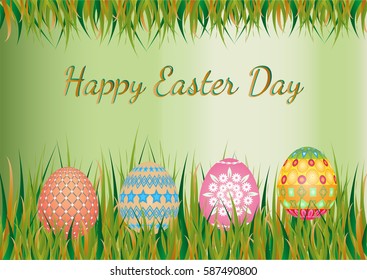 Group of Easter egg on meadow background.