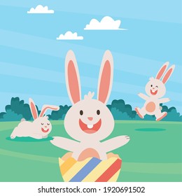 group of easter rabbits and egg painted in the camp characters vector illustration design