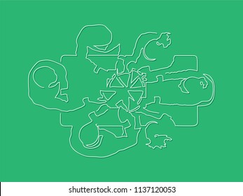 Group eating pizza in a table line drawing, vector illustration design. People collection.