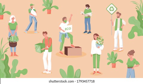 Group of eco activists protesting against environmental pollution vector flat illustration. Men and women in garden or city park holding placards, plants, and containers for recycling of waste.