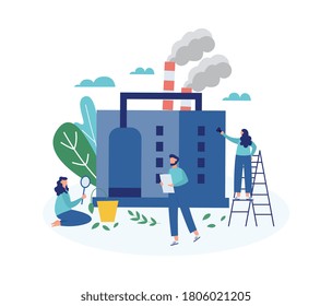 Group of ecologists taking care of earth and environment making factory green. People saving planet, flat cartoon vector illustration isolated white background