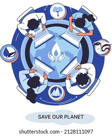 Group of ecologists taking care of Earth and nature sitting at table with laptops. Scientist study ecology and environment. Air, soil and water protection. Professional ecological activist meeting