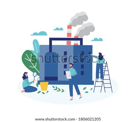 Group of ecologists taking care of earth and environment making factory green. People saving planet, flat cartoon vector illustration isolated white background