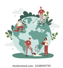 Group Of Ecologists. Volunteers And Charity, Characters Take Care Of Earth. Poster Or Banner For Website. People Planting Plants. Responsible Society, Waste Reduction. Cartoon Flat Vector Illustration