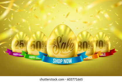 Group of Eggs in Gold Color for Easter Day Banner Discount with Realistic Shine Gold Light On Gold background and Golden Confetti Flying.Use for Easter Day Sale and Easter Day Promotion