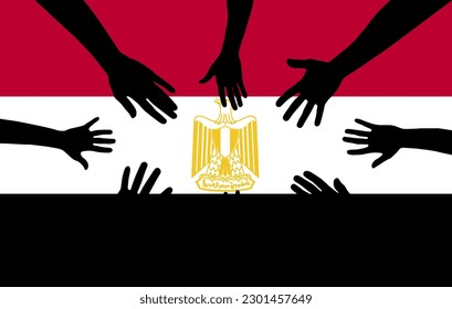 Group of Egypt people gathering hands vector silhouette, unity or support idea, hand gathering silhouette on Egypt flag, teamwork and togetherness concept, union of society