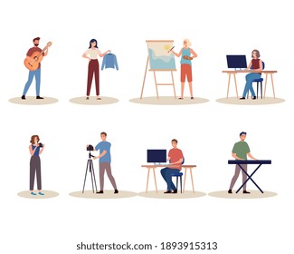 group of eight creative young people characters vector illustration design