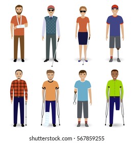 Group of eight different kind disability people. Disability people concept. Flat style vector illustration.
