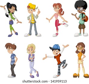 Group of eight happy cartoon children. Teenagers. 