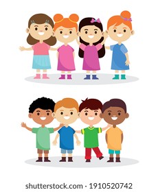 group of eight interracial happy little children characters vector illustration design