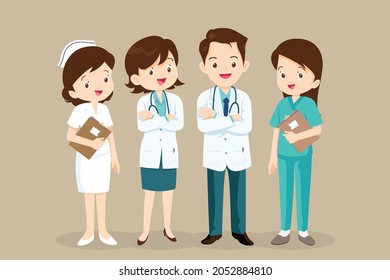 Group of eight men and women doctors and nurses characters standing together. Medical people.Hospital staff. 