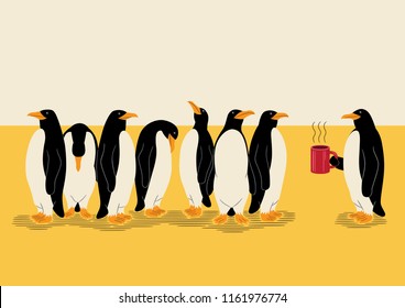 A group of eight penguins one of whom holds a cup of coffee.