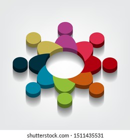 Group of eight people logo in a circle.Persons teamwork holding point of view 3D