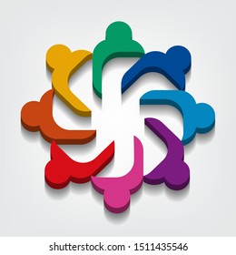 Group of eight people logo in a circle.Persons teamwork holding point of view 3D