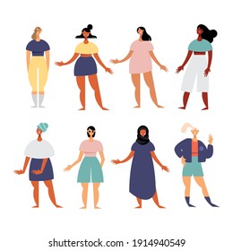 group of eight women characters with diferent dresses vector illustration design