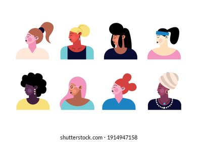 group of eight young girls characters vector illustration design