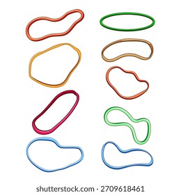 Grupo de elásticos elásticos elásticos em várias cores e formas, criando um elemento visual versátil e flexível para organização, papelaria, material de escritório e conceitos de ligação