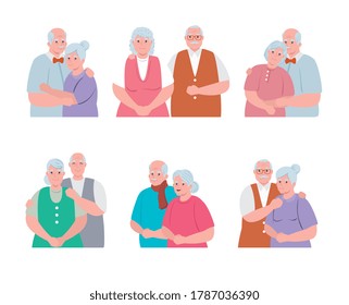 grupo de parejas de edad avanzada sonriendo, parejas de ancianas y de ancianos en diseño de ilustraciones de vectores de amor