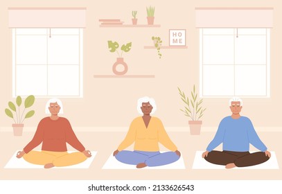 Group of elderly diverse people with crossed legs and closed eyes meditating at home. Senior old age person sitting in cozy room and practicing yoga or mindfulness meditation. Vector flat illustration