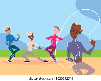 group of elderly do physical activity in the park, active seniors vector illustration design