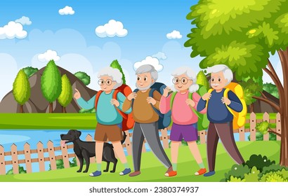 Group of elderly friends hiking and having fun in nature
