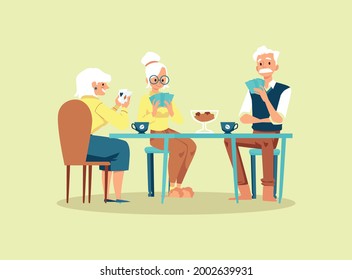 Group Of Elderly Friends Playing Cards, Flat Vector Illustration Isolated On Background. Group Of Cheerful Mature People Having Fun While Playing Cards.