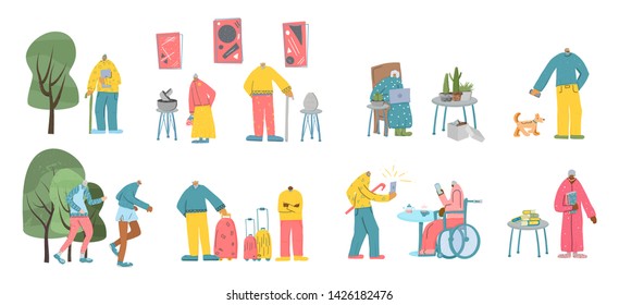 Group of elderly grey haired people in different situation. Retired persons lifestyle isolated on white background. Vector illustration.