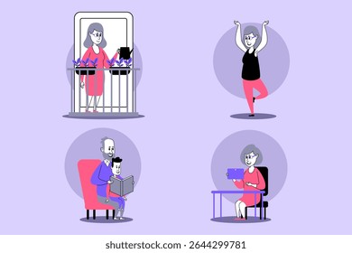 Group of elderly individuals participating in different activities. One standing by window, another exercising, while two others engaged in reading and using device
