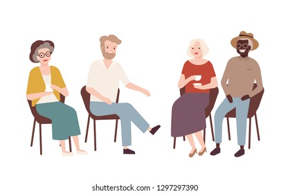 Group of elderly men and women sitting on chairs, drinking tea, talking to each other and laughing. Old retired people spending time together. Colorful vector illustration in flat cartoon style.