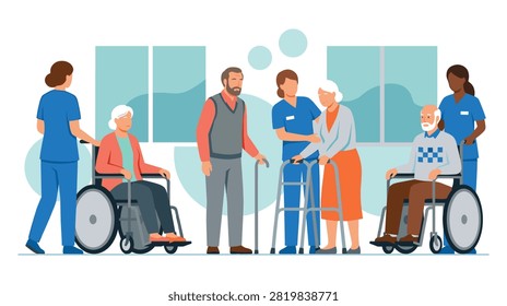 Group of elderly patients with nurses and caregivers in nursing home, including people in wheelchairs and using walkers for support.