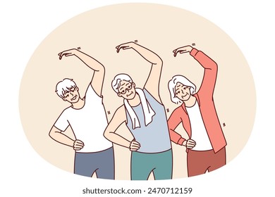 Group of elderly people do gymnastics and lead active lifestyle wishing to have good health. Elderly men and women are exercising in nursing home doing stretching and daily fitness exercises