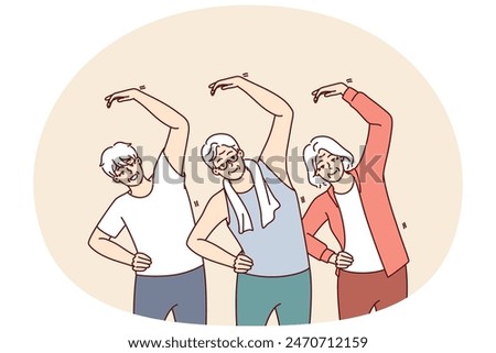 Group of elderly people do gymnastics and lead active lifestyle wishing to have good health. Elderly men and women are exercising in nursing home doing stretching and daily fitness exercises