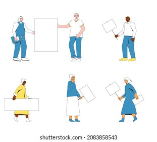 Group of elderly people holding a banner. Old men and women with blanks, placards standing and walking set. Vector characters line art collection illustration isolated on white background.