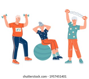 Group of elderly people keep fit through gymnastic exercises, cartoon flat vector illustration isolated on white background. Senior retirement age people cartoon characters   doing sports.